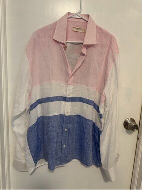 Men's Colorblock Linen Button-Down Shirt - Pink White Blue NWOT‎
